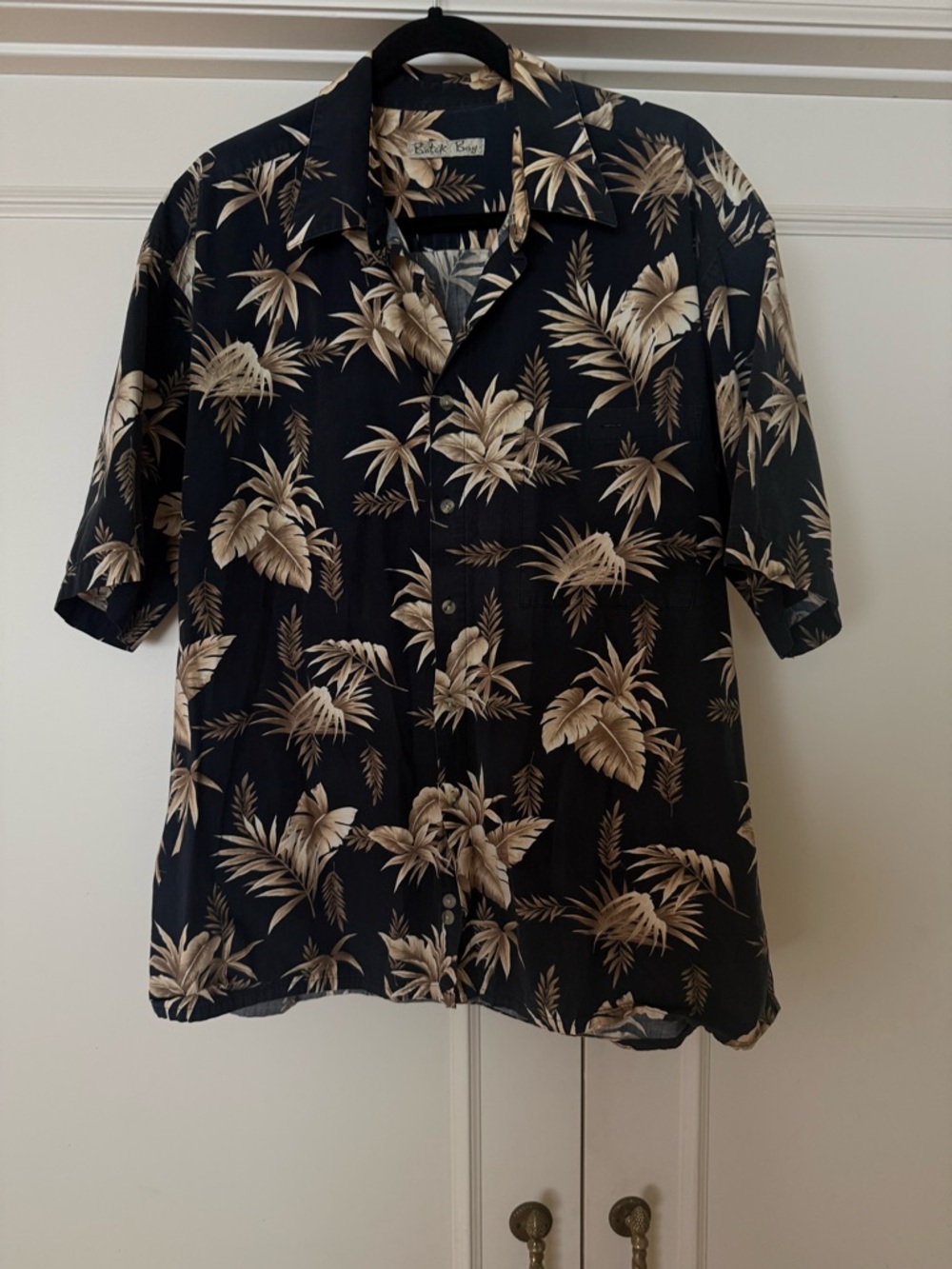Batik Bay Black Button Front Shirt with Tan Palm Motif